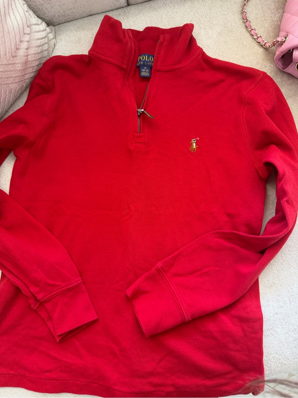 Polo by Ralph Lauren Red Quarter-Zip Sweatshirt with Leather Pull